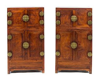 A Pair of Chinese Brass Mounted Huali Diminutive Compound Cabinets Overall height 34 3/4 x width 19 x depth 11 inches.