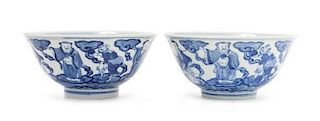 * A Pair of Blue and White Porcelain Bowls Diameter of pair 6 inches.