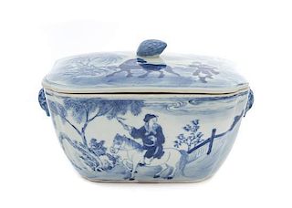 A Blue and White Porcelain Bowl and Cover LIKELY DAOGUANG PERIOD Height 6 1/2 x width 10 1/2 x depth 7 3/8 inches