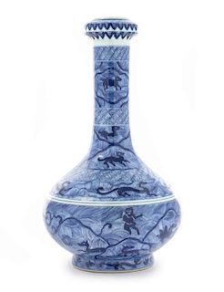 A Blue and White Porcelain Bottle Vase Height 10 3/4 inches.