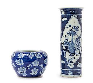 * A Blue and White "Cracked Ice and Prunus" Porcelain Brush Washer POSSIBLY 19TH CENTURY Height of taller 10 1/2 inches.