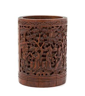 A Carved Bamboo Brush Pot, Bitong Height 5 7/8 inches.