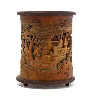 A Carved Bamboo Brush Pot, Bitong Height 6 5/8 inches.