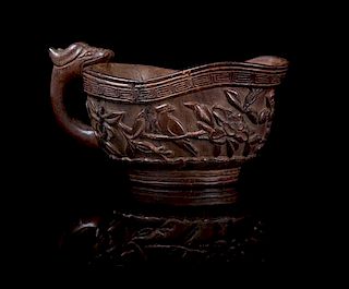 A Zitan Libation Cup Height 2 1/4 x width over handles 4 3/8 inches.