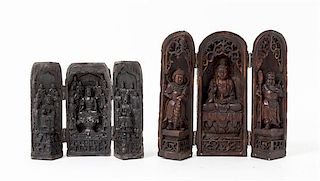 Two Carved Wood Travel Shrines Height of taller 8 3/8 inches.