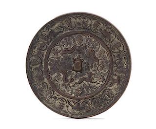 * A Bronze 'Grapevine and Beast' Circular Mirror Diameter 3 7/8 inches.