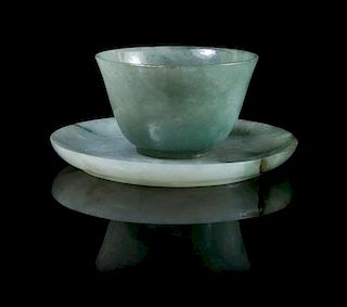 A Celadon Jadeite Cup and Saucer Diameter of larger 3 1/8 inches.