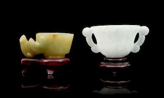 * Two Carved Jade Cups Width of first over handles 2 3/4 inches.