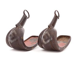 * A Pair of Japanese Silver and Bronze Inlaid Iron Stirrups, Abumi Height 10 1/8 x length 11 3/4 inches.