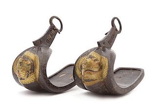 * A Pair of Japanese Silver Inlaid Iron Stirrups, Abumi Height 9 1/4 x length 11 1/4 inches.