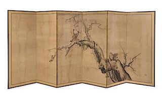 * A Japanese Six-Panel Folding Screen AFTER MORI SOSEN, 19TH CENTURY Height of each panel 68 x width 25 1/4 inches.