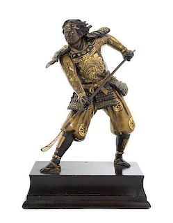 * A Japanese Parcel-Gilt Bronze Figure of Samurai POSSIBLY 19TH CENTURY Height 11 inches (without stand).