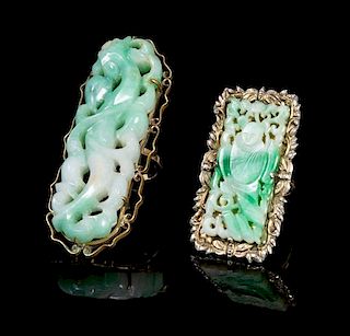 * Two Apple Green and White Jadeite Mounted Rings Length of longer jade 2 1/4 inches.