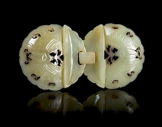 A Carved Jade Two-Part Belt Buckle Length 4 1/4 inches.