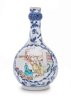 A Famille Rose and Underglazed Blue Porcelain Bottle Vase LIKELY MID-LATE QING DYNASTY Height 9 1/2 inches.