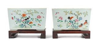 A Pair of Famille Rose Porcelain Jardinieres LIKELY MID-LATE QING DYNASTY Height of jardiniere 7 5/8 x width 13 1/4 inches.