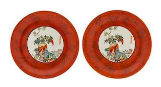 * A Pair of Famille Rose and Iron Red Porcelain Plates Diameter 6 3/4 inches.