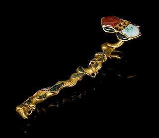A Gilt Bronze Hardstone Inset Ruyi Scepter Length 11 1/4 inches.