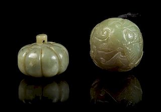 * Two Carved Jade Pebbles Width of first 1 3/8 inches.