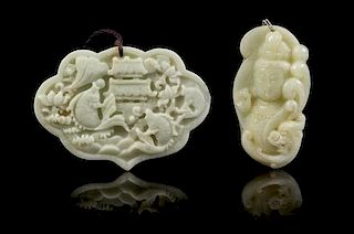 * Two Carved Jade Pendants Width of first 3 5/8 inches.