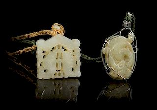 * Two Carved Jade Pendants Length of first 1 7/8 inches.