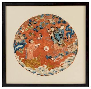 An Embroidered Silk Panel LIKELY 19TH CENTURY Diameter 15 3/4 inches.