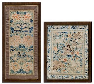 * Two Embroidered Silk Panels Height of taller overall 23 x width 11 1/4 inches.