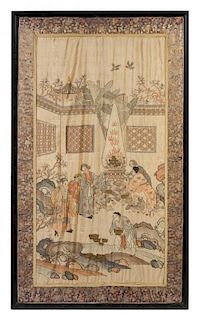 A Large Silk Kesi Panel LIKELY 19TH CENTURY Height of image 57 3/4 x width 34 inches.