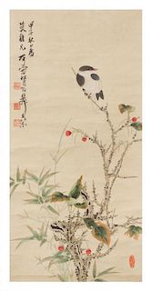In the Manner of Xie Zhiliu, (1910-1997), depicting birds perched on flowering branches.