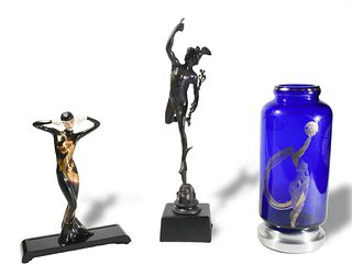 Erte Glass Vase, Bronze Mercury and Porcelain Figure