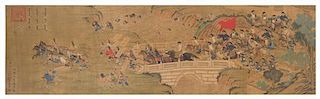 Attributed to Shen Shiru, Shen Shijie, QING DYNASTY, depicting a battle scene having Qing court officials defeating the barbaria