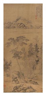 Attributed to Zhang Zongcang, (Chinese, 1868-1756), depicting riverscape landscape with a scholar in a small house.