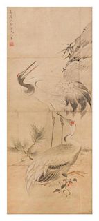 After Shen Quan, (Chinese, 1682-1760), depicting two cranes near rockery.