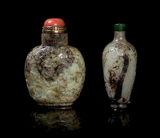 Two Carved Chicken Bone Jade Snuff Bottles POSSIBLY 18TH/19TH CENTURY Height of taller 3 1/4 inches.