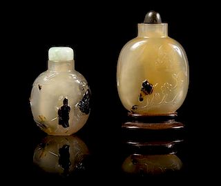 * Two Agate Snuff Bottles SUZHOU SCHOOL, LIKELY 19TH CENTURY Height of taller 3 1/4 inches (with stand).