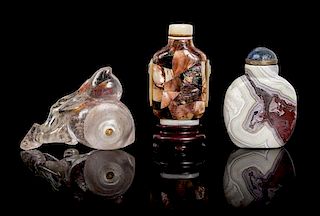 Three Hardstone Snuff Bottles Height of tallest 3 3/8 inches.