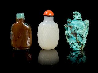 A Group of Three Hardstone Snuff Bottles LIKELY 19TH CENTURY Height of tallest 3 inches.