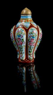 A Famille Rose Porcelain Snuff Bottle Height 2 7/8 inches.