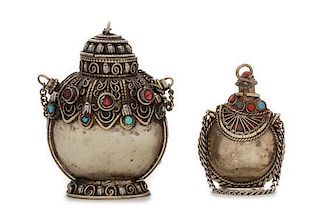 Two Tibetan Silver Snuff Bottles Height of taller 2 3/8 inches.