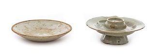 Two Korean Celadon Glazed Porcelain Articles Diameter of larger 5 5/8 inches.