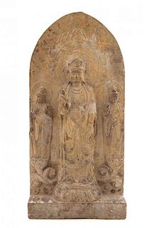 * A Carved Stone Buddhist Stele Height 26 x width 12 1/2 inches.