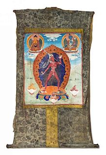 A Tibetan Thangka Height visible 19 x width 15 3/4 inches.