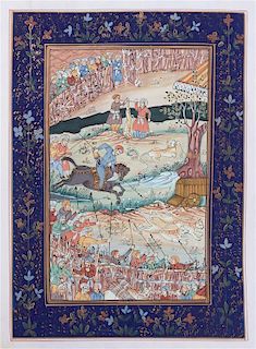 * Three Persian Illuminated Manuscript Leaves Height of largest 12 3/4 inches.