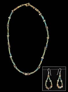 Egyptian Faience Bead Necklace +  Earrings