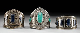 3 Mid-20th C. Tibetan Brass Bracelets w/ Stone Inlays