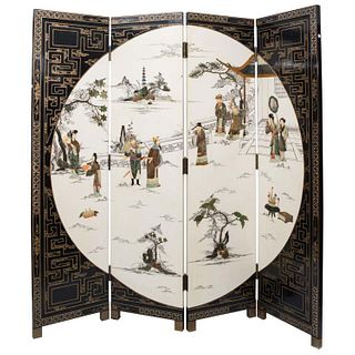 Mid Century Chinese 4 Fold Hand Painted Screen Set With Carver Hardstones