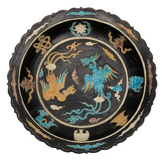 Antique Chinese black glazed porcelain charger