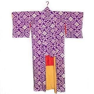 Japanese 1920 vintage handwoven silk damask kimono, hand decorated