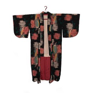 Japanese antique circa 1890 ikat handwoven silk and hemp kimono, hand decorated with metallic gold accent threads