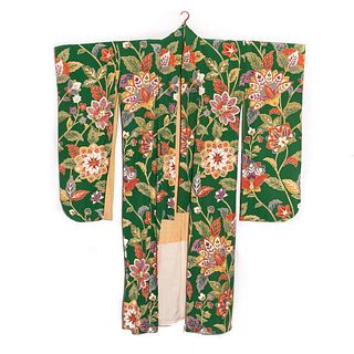 Japanese vintage handwoven silk crepe furisode kimono, hand decorated